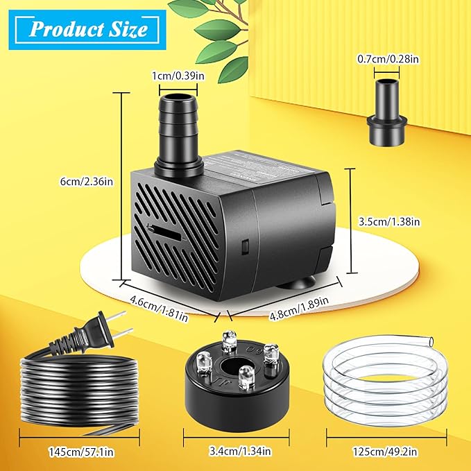Submersible Pump, Small Fountain Pump with Tubing, Submersible Water Pump for Aquarium Fish Tank Indoor or Outdoor Pond Fountain Hydroponics Statuary (5W 95GPH, With Led Light)