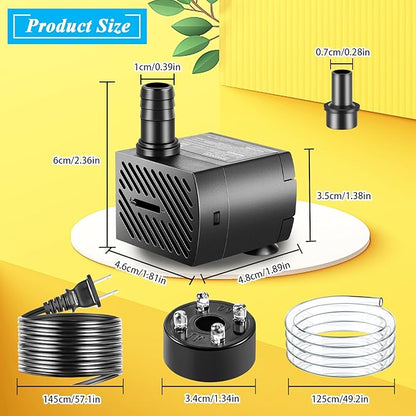 Submersible Pump, Small Fountain Pump with Tubing, Submersible Water Pump for Aquarium Fish Tank Indoor or Outdoor Pond Fountain Hydroponics Statuary (5W 95GPH, With Led Light)