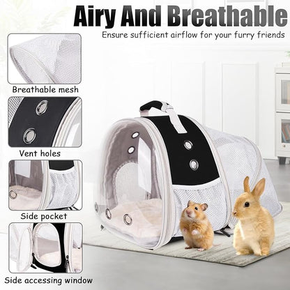 Back Expandable Backpack for Small Animals, Portable Travel Bag Breathable Pet Carrier Cages for Bunny, Guinea Pig, Bearded Dragon, Lizard, Rabbit, Squirrel, Tortoise, Kitten, Sugar Glider