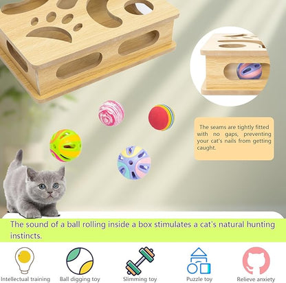 Interactive Wooden Cat Puzzle Toy Box Indoor Hunting Play Toy to Stimulate Your Cat’s Energy and Instincts (Burlywood)