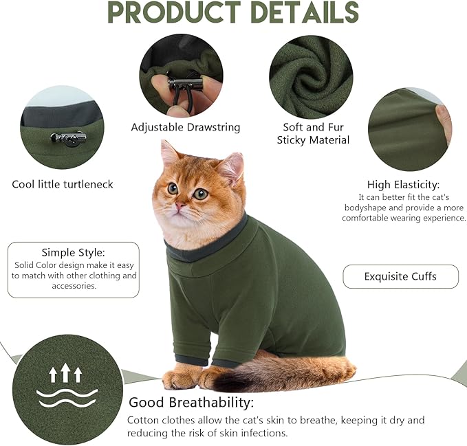 Sticky Cat Clothes Stretchy, Sphynx Hairless Sweater & Pajamas for Cats only, Soft Cat Onesie for Cats After Surgery Female Male & Hair Loss Prevention, Green M