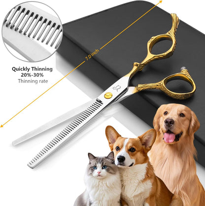 Dog Grooming Scissors,Chunkers Shears and Thinning Shears with Safety Round Tips, Sharp and Comfortable 4 in 1 Dog Scissors for Grooming