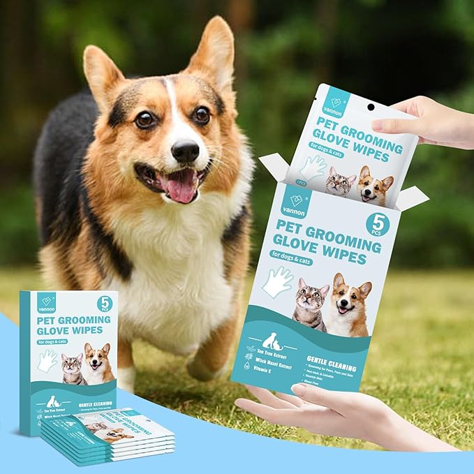 Vannon Portable Pet Bathing Wipes for Dogs & Cats, Cleaning & Odor-Controlling Extra Thick Grooming Glove Wipes for Daily Care and Traveling, Rinse Free, Nourish Fur, Individually Packaged, 20 PCS