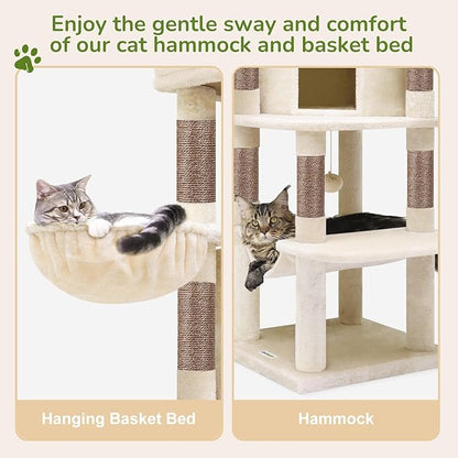 Globlazer Corner Cat Tree, 51in Curved Series Modern Cat Tower for Indoor Cats with Hammock, 7 Sisal Scratching Posts, Large Fan-Shaped Platform for Large Cats, Cat Condo & Hanging Basket, C51, Beige