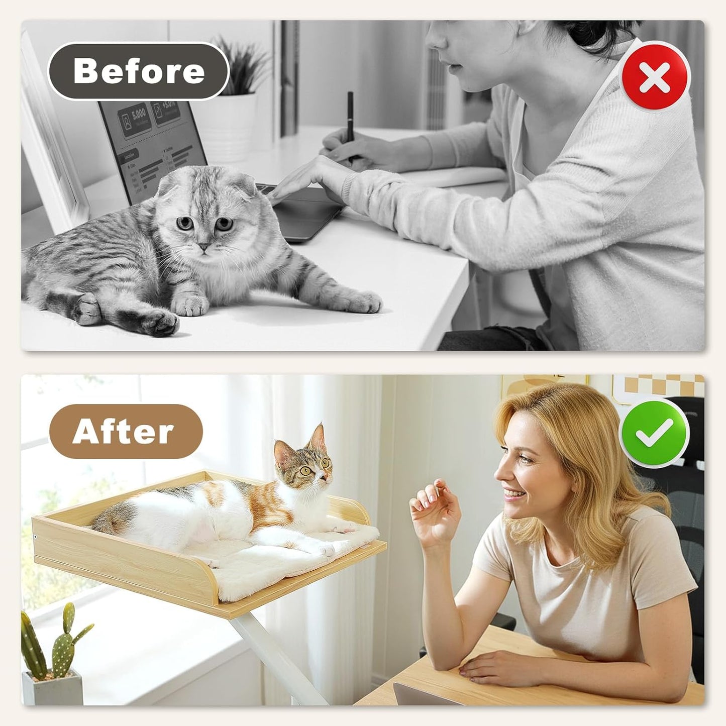 PAWZ Road Cat Desk Bed, Wooden Cat Bed for Desk Supports Up to 50 lbs, 360° Rotation & Adjustable, Nest Desktop Attachment Cats Hammock for Table, Beige