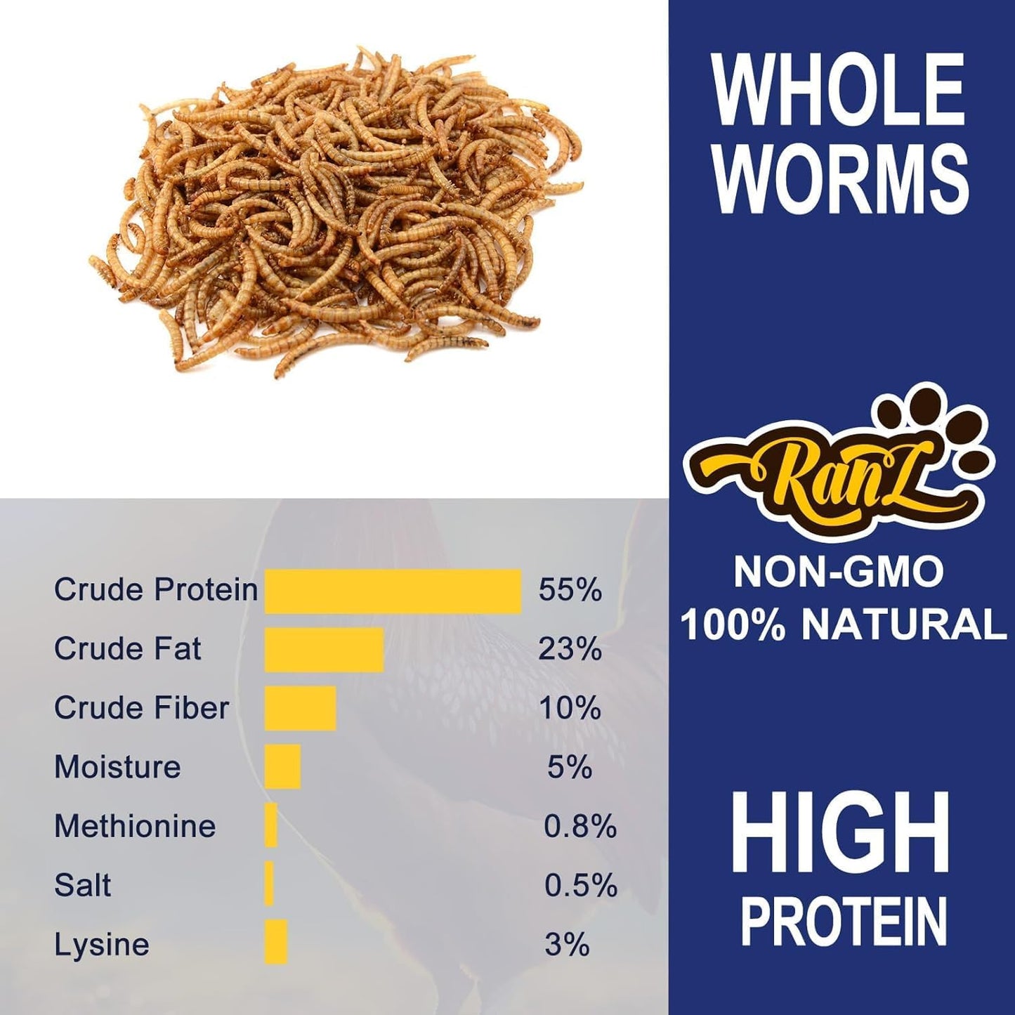 RANZ 8LBS Non-GMO Dried Mealworms for Chickens, High Protein Meal Worms, Premium Chicken Feed, Whole Large Mealworms for Blue Birds, Ducks, Fish