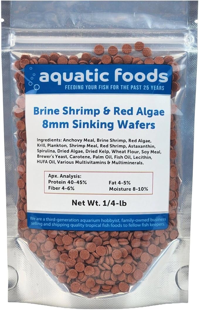 Aquatic Foods Inc. 8mm - 1/3" Brine Shrimp & Red Algae Color Enhancing Sinking Wafers for Shrimp, Snails, Crabs, Plecos, Catfish. Bottom and All Tropical Fish...WL…1/4-lb Foil Pouch Bag