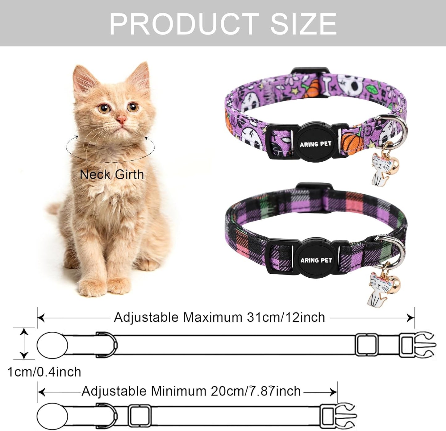 ARING PET 2 Pack Cat Collars-Cute Cat Collar Breakaway with Bell & Pendant, Adjustable Purple Halloween Kitten Collars with Safety Buckle for Girl and Boy Cats