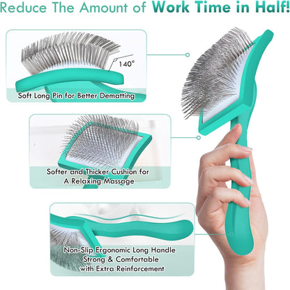 Dog Slicker Brush for Medium or Long Haired Dogs, Long Pin Slicker Brush for Removes Loose Hair, Tangles and Knots, Best Grooming Tools for Small Animals, Large, Free Pet Comb, Green