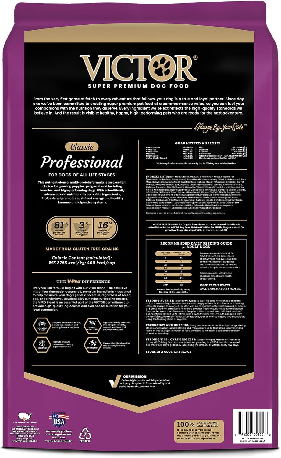 VICTOR Super Premium Dog Food – Professional Dry Dog Food – Super Premium Kibble with 26% Protein – Gluten-Free with Beef, Chicken & Pork Meals – for High Energy and Active Dogs & Puppies, 15lbs