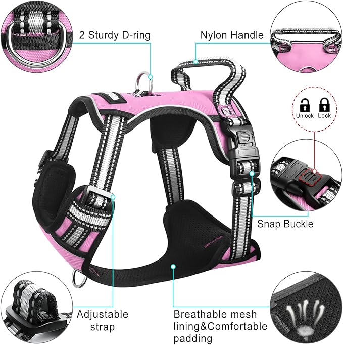 WINSEE Dog Harness No Pull, Pet Harnesses with Dog Collar, Adjustable Reflective Oxford Outdoor Vest, Front/Back Leash Clips for Small, Medium, Large, Extra Large Dogs, Easy Control Handle for Walking