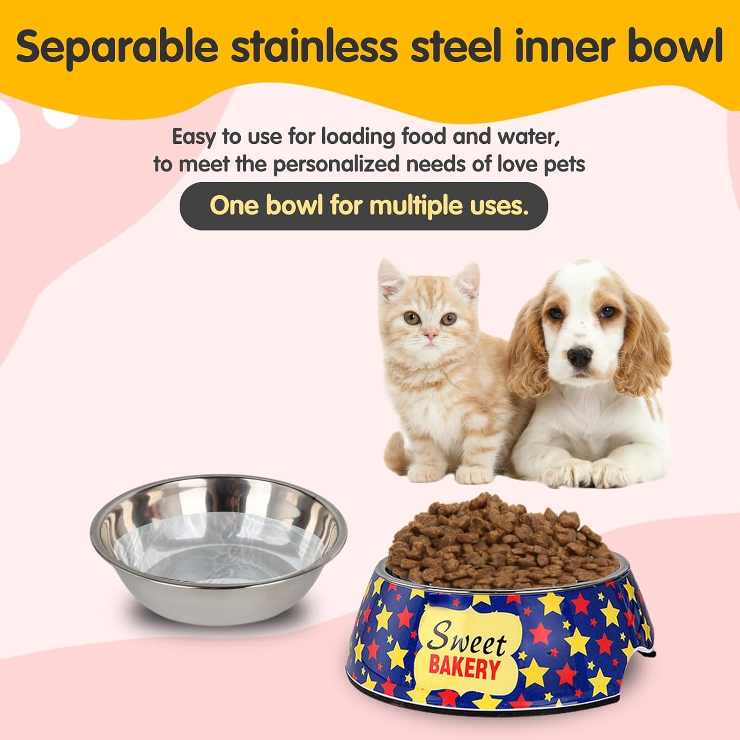 Pet 2 in 1 Food Water Bowls - Non Slip Skid Proof Heavy Duty for Dogs Cats Puppies - Cartoon Stars