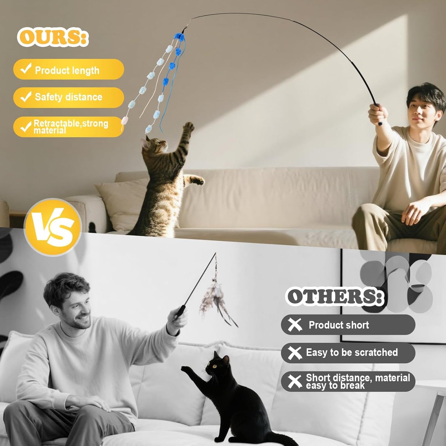 Cat Wand Toy, 9Pcs Retractable Plush Srtip Cat Teaser Wand Toys with Bell & String, Long Interactive Wand Toys for Indoor Kitten, Exercise