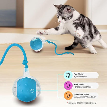 Electric Interactive Cat Toy Ball - Automatic Rolling Silicone Cat Toys for Indoor Cats, Durable Chew-Proof Motorized Kitty Ball with LED Light, Fun Exercise Toys for Bored Kittens（Blue）