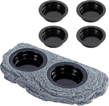 Wacool Magnetic Gecko Ledge - Double Bowl Reptile Feeding Tray with 6 Feeding Cups for Geckos, Lizards, Chameleons and Reptile Pets