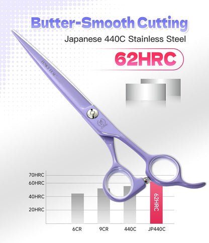 Fenice Peak 7" Professional Dog Grooming Scissors Set, Japanese 440C Stainless Steel Straight Thinning Curved Chunker Shears for Pet Grooming, Trimming Face, Paws, Violet