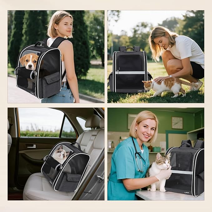 Lekereise Ventilated Cat Backpack Carrier, Pet Carrier Backpack Airline Approved for Small Dogs, 13.39" L x 11" W x 16.53" H Fit Up to 18 Lbs, Dogs Foldable Backpack Carrier for Travel, Hiking, Black