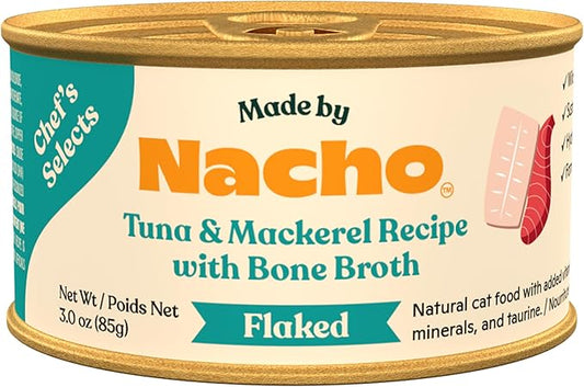 Made by Nacho Flaked Filets Recipe in Bone Broth, Grain-Free Chef's Selects Wet Food for Cats Balanced Diet in Naturally Hydrating Pumpkin-Infused Broth (3.0 oz (Pack of 12), Tuna & Mackerel)