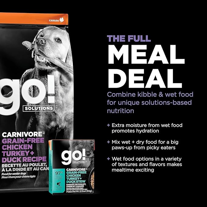 Go! Solutions Carnivore, Grain-Free, Protein Rich Dry Dog Food, Chicken, Turkey and Duck Senior Recipe, 3.5 lb Bag