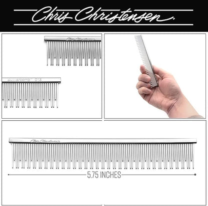 Chris Christensen 6in Cat/Carding Dual Tooth Butter Comb, Groom Like a Professional, Rounded Corners Prevent Friction and Breakage, Solid Brass Spin with Steel Teeth, Chrome Finish