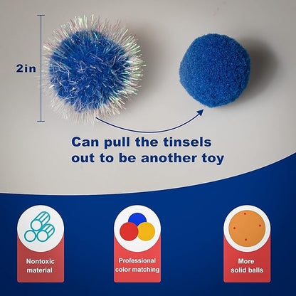 VAPKER 30 Pcs Cat Ball Toys Sparkle Balls Extra Large 2 Inch Cat's Favorite Chase Glitter Ball Glitter Tinsel Pom Poms Balls Dark Blue Color