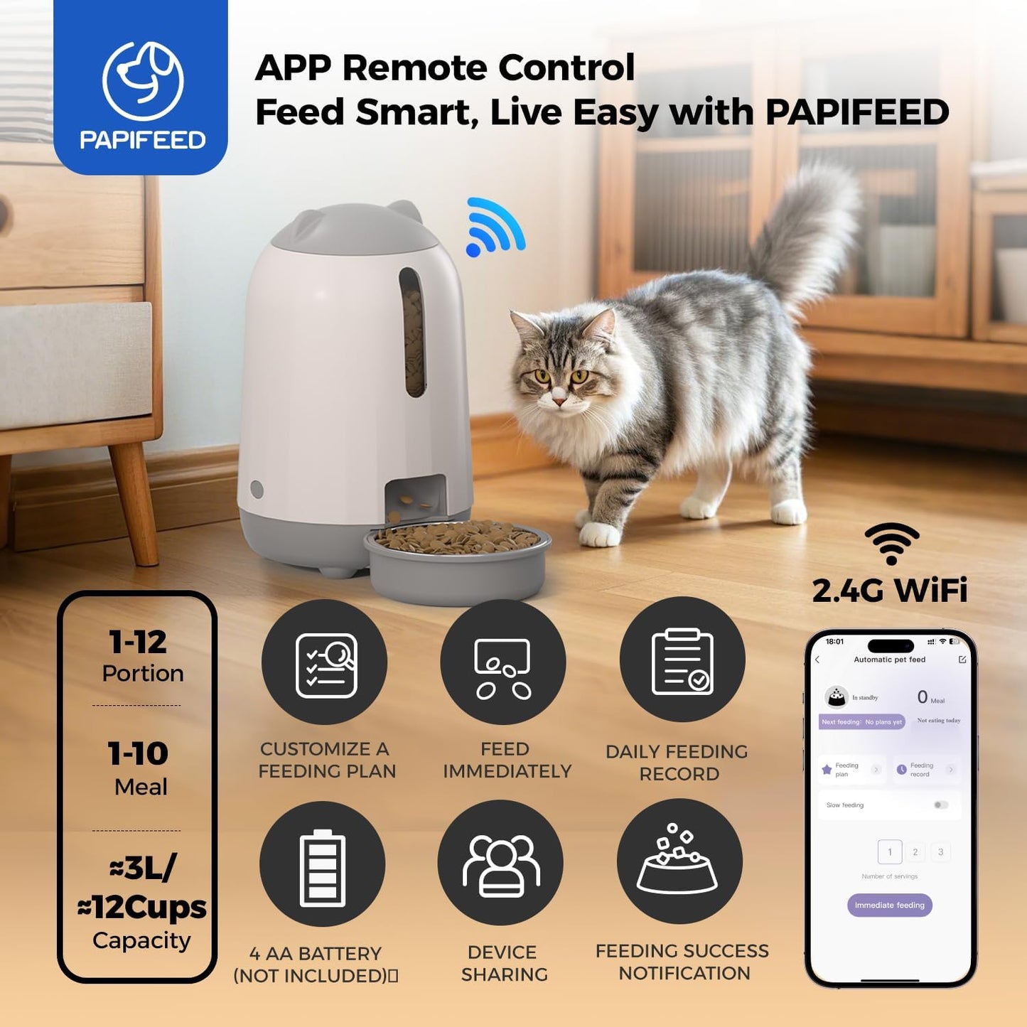 PAPIFEED Automatic Cat Feeder, 2.4G WiFi Auto Cat Food Dispenser with App Control, 3L Auto Pet Feeder with Dual Power Supply, Detachable for Easy Clean for Cats and Small Dogs, Grey