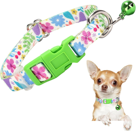 Small Dog Collar with Bell，Nylon - Adjustable XXS/XS/S Tiny Dog & Cat Collar for Small Breeds,Soft Pink Collar with Quick-Release Buckle（Spring XS）