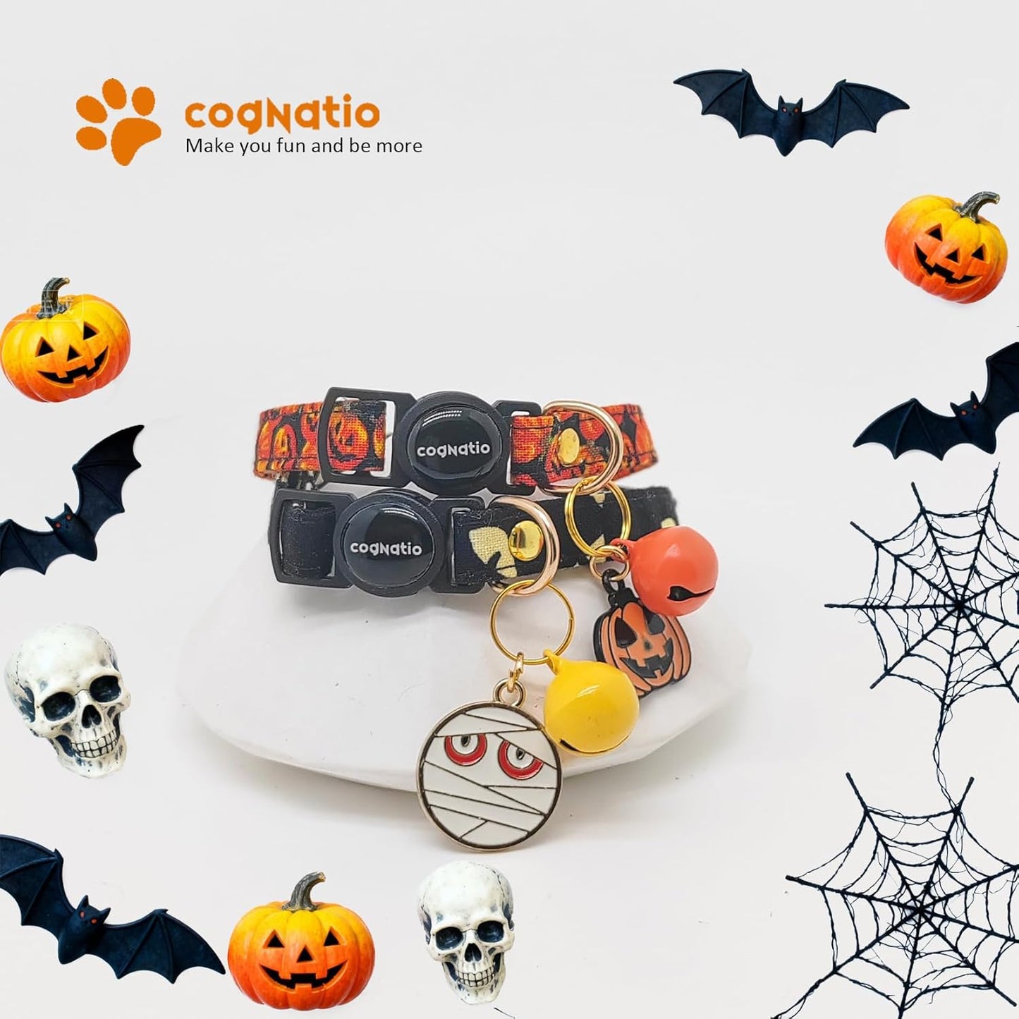 2 Pack Cotton Breakaway cat Collars with Bell,Safety Quick Release Pendant Cute Kitten Collar,Adjustable 20-30cm (Halloween3, 20-30cm)