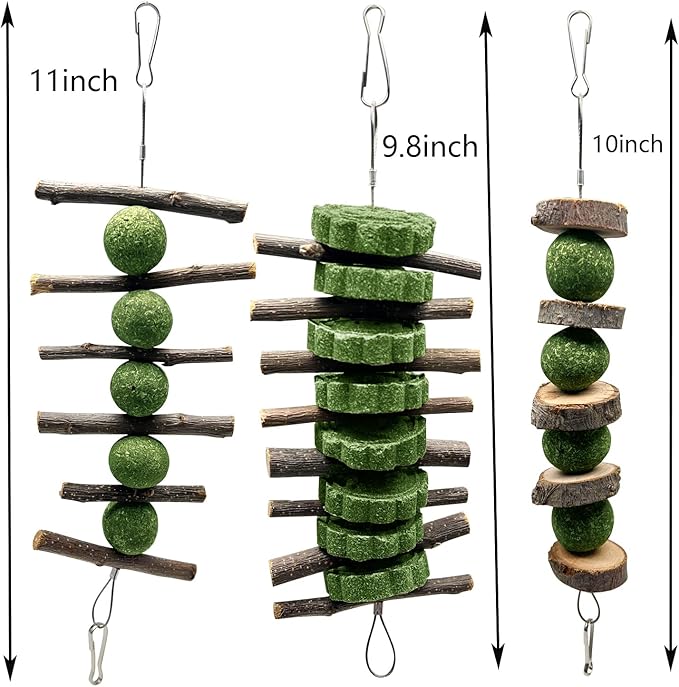 3 Pcs Bunny Teeth Grinding Chew Toys, Apple Branch Chewing Sticks with Grass Ball and Grass Cake for Rabbits Bunnies Hamsters Guinea Pigs