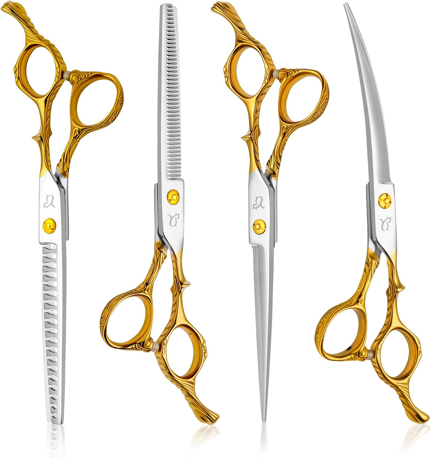 Dog Grooming Scissors,Chunkers Shears and Thinning Shears with Safety Round Tips, Sharp and Comfortable 4 in 1 Dog Scissors for Grooming