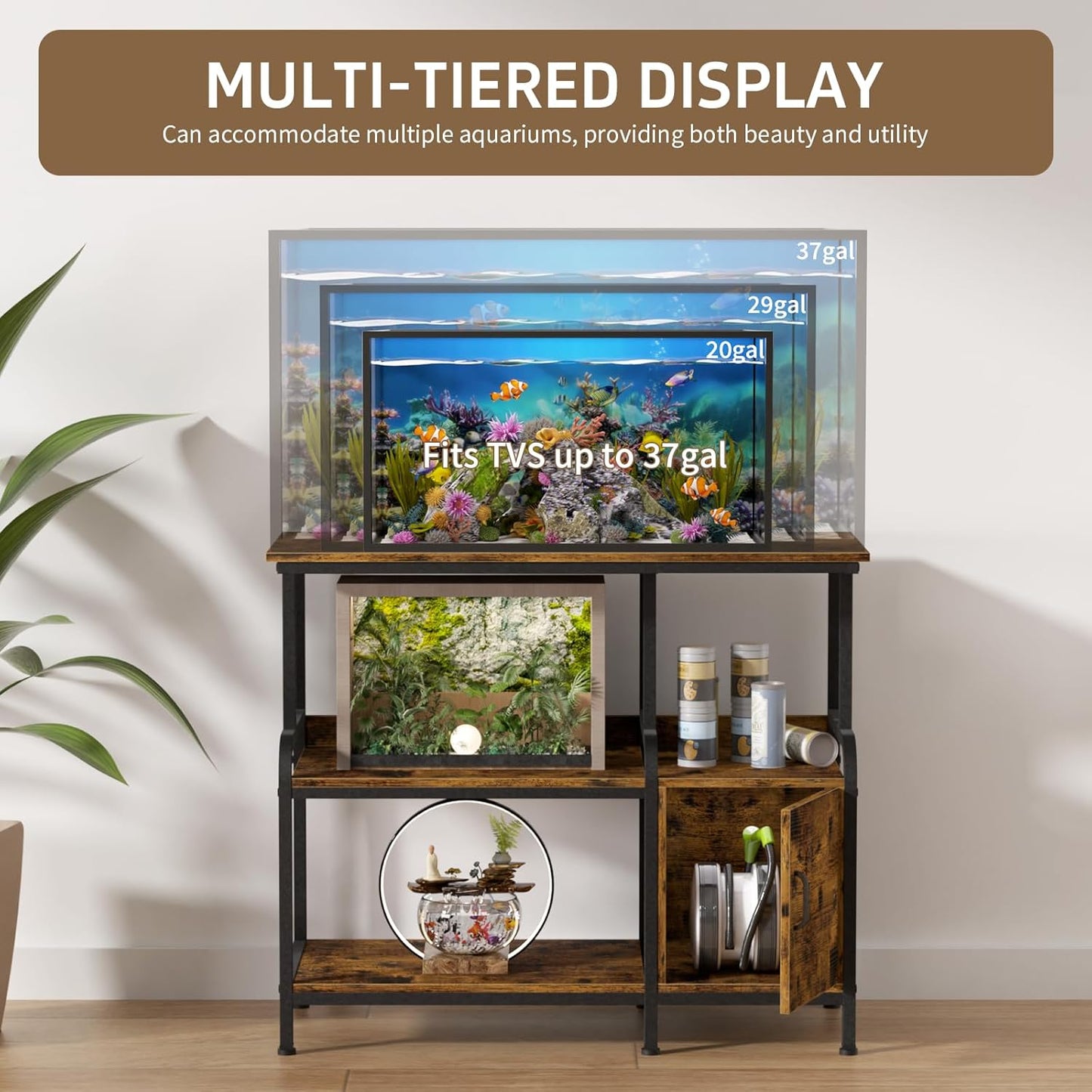 40-50 Gallon Fish Tank Stand，750 lbs Capacity Aquarium Stand，Heavy-Duty 3-Level Reptile Stand with Built-in Storage，36.8×15.7×31.5" Steel Terrarium Stand，Retro Brown