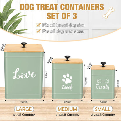 Metal Dog Treat Containers Set of 3 with Bamboo Lids and Spoon Airtight 7+3+2 lbs Dog Food Snack Jars with DIY Labels Big Pet Cookie Storage Jar for Kitchen Counter (Sage Green,Cute)