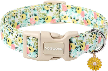 DOGWONG Flower Cotton Dog Collar, Spring Summer Cute Yellow Dog Collar Durable Soft Fabric Pet Dog Collars Female Girl Necklace for Small Medium Large Dogs