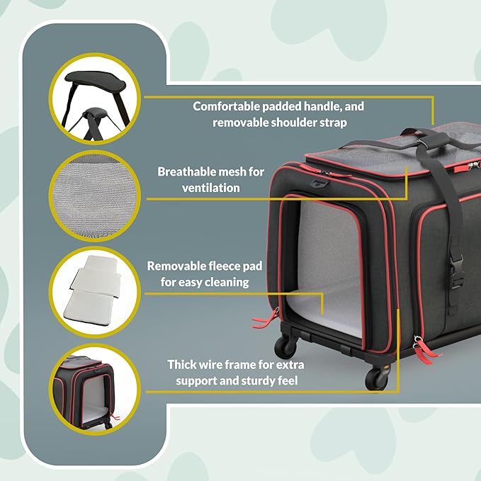 Katziela Rolling Rover Airline Compliant Expandable Premium Pet Carrier 6-Wheeled Baseboard Telescopic Handle Two-Sided Expandable Rolling Carrier Designed (Black- Red Piping)