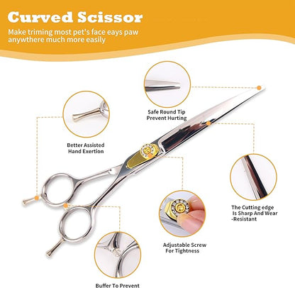 7 Inch Professional Dog Grooming Scissors Kit, 6-in-1 Grooming Scissors for Dogs, Pet Grooming Shears Set, Straight Scissor & Thinning Shear & Curved Scissor & Chunker Shear (Silver)