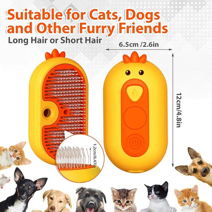 Cat Steam Brush with Release Button, 3 in 1 Rechargeable Pet Spray Water Comb for Long & Short Hair Removal, Self Cleaning Slicker Vapor Brush for Indoor Cats Dogs Rabbits Shedding Grooming