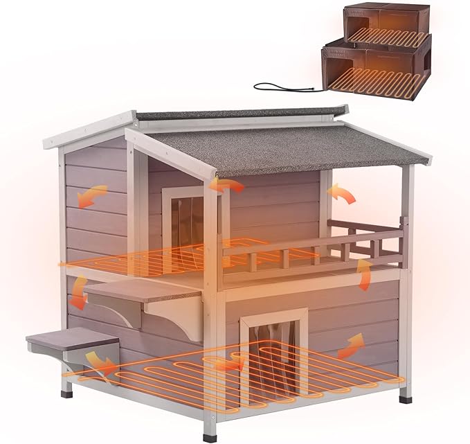 Aivituvin Heated Outdoor Cat House for Outside Insulated Feral Cat Shelter Weatherproof with Heated and Insulated Liner 2 Story
