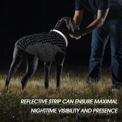 FUAMEY Dog Coat for Large Dogs,Waterproof Dog Winter Jacket with Harness Built in Puppy Cold Weather Coats Reflective Pet Vest with Zipper Warm Fleece Dogs Snowsuit Windproof Checkerboard XL