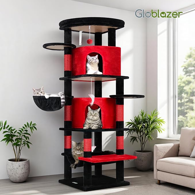 Globlazer Gothic Corner Cat Tree Tower for Large Cat, 66inch Tall Large Goth Cat Tree for Multiple Indoor Cats with 6 Scratching Posts, 2 Spacious Condos, Soft Hammock, Hanging Basket, C66, Red Black
