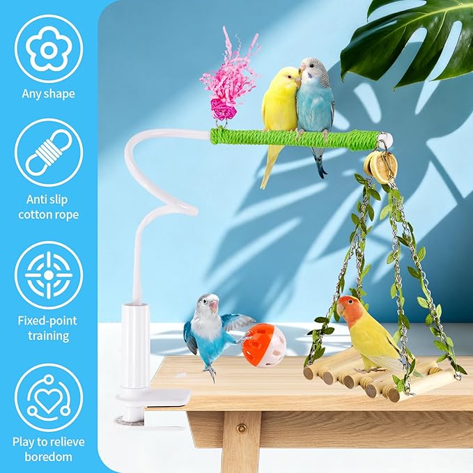 Bird Perch Stand with Flexible Climbing Ladder, Bird DesktopTraining Toy, Parakeet Playground Play Stand for Lovebirds Conure， Mount for Budgie, Cockatiel, Conure or Other Small Sized Birds