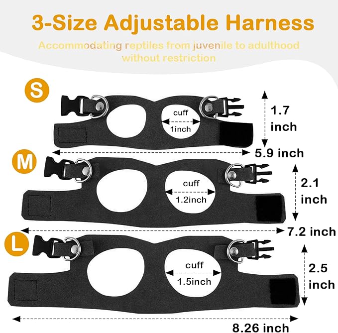 Bearded Dragon Leash and Harness Set - 3-Size Adjustable Soft Leather Vest with Retractable Leash, Easy-Wear Design (Black, 3M)