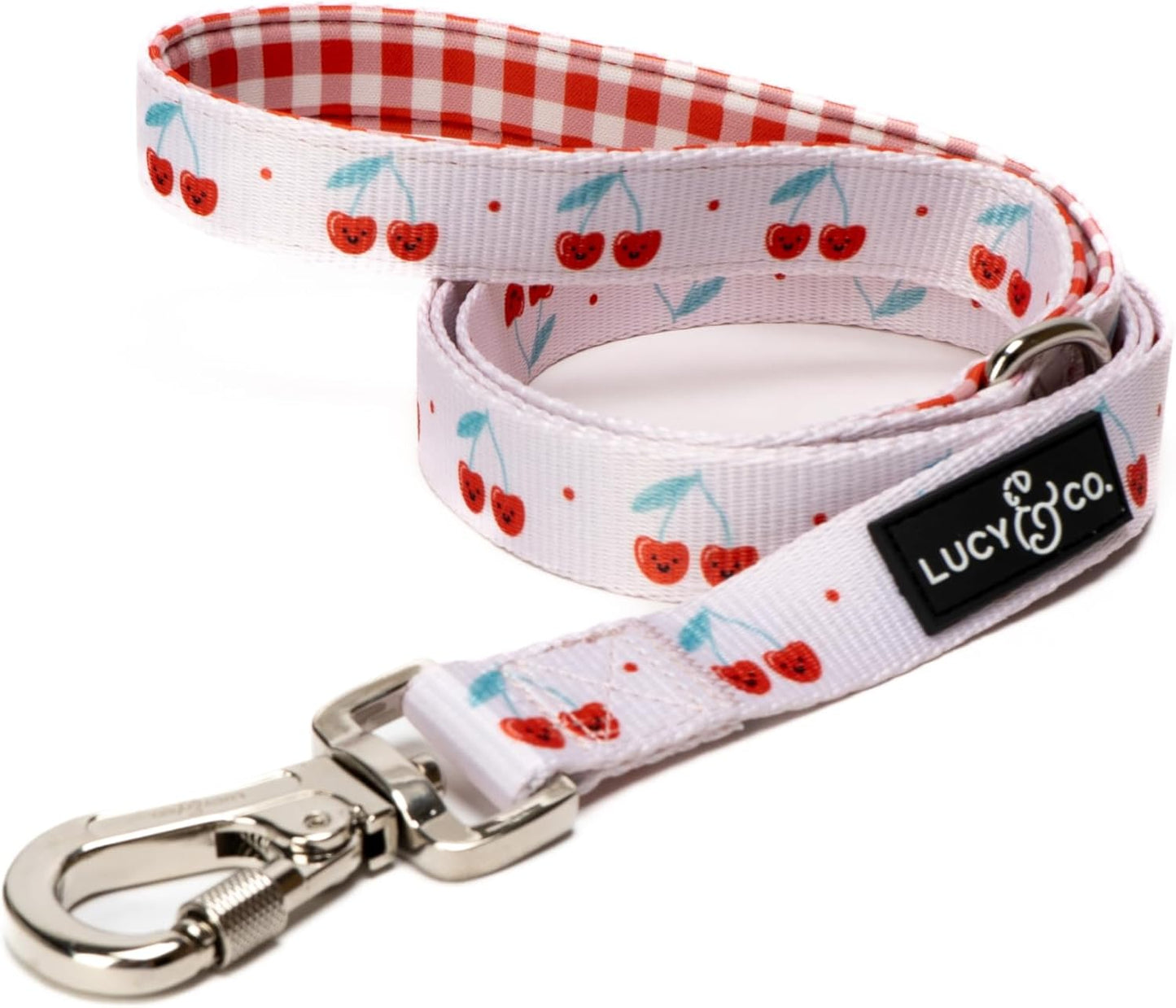 Lucy & Co. Cheery Cherries - Designer Dog Leash for Small to Large Dogs - Padded Handle for Comfort - Small, Red Gingham Cherries - 5 Foot