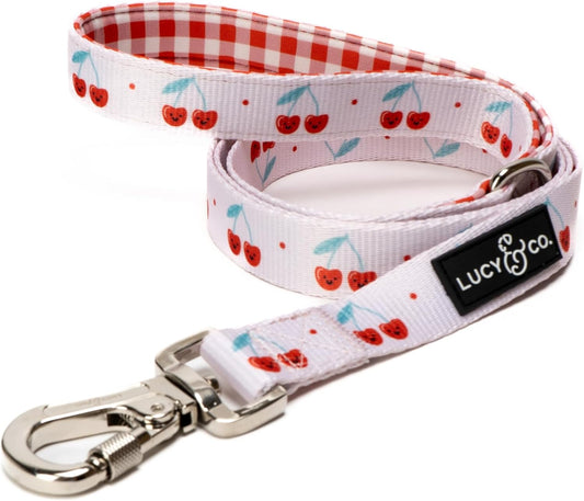 Lucy & Co. Cheery Cherries - Designer Dog Leash for Small to Large Dogs - Padded Handle for Comfort - Small, Red Gingham Cherries - 5 Foot