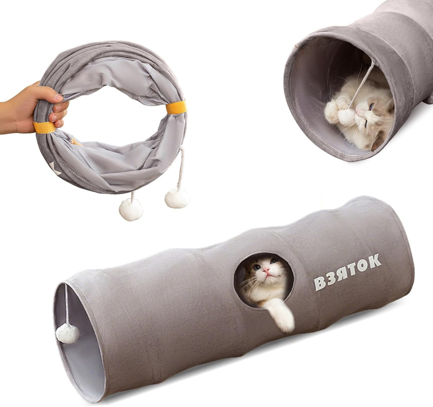 Cat Tunnels for Indoor Cats, Collapsible Pet Play Tube with Cat Toys and One Peek Hole, Pet Hideout Hideaway for Cats, Kittens, Bunny Rabbits, Ferrets, Puppy,Gray,S
