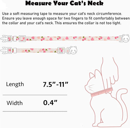 2 Pack Cotton Breakaway Cat Collars Set with Bell and Flower Pendant, Cute Floral Fruit Patterned, Adjustable 7.5-11Inch, Include A Mouse Toy Gift (Heart Cherry)
