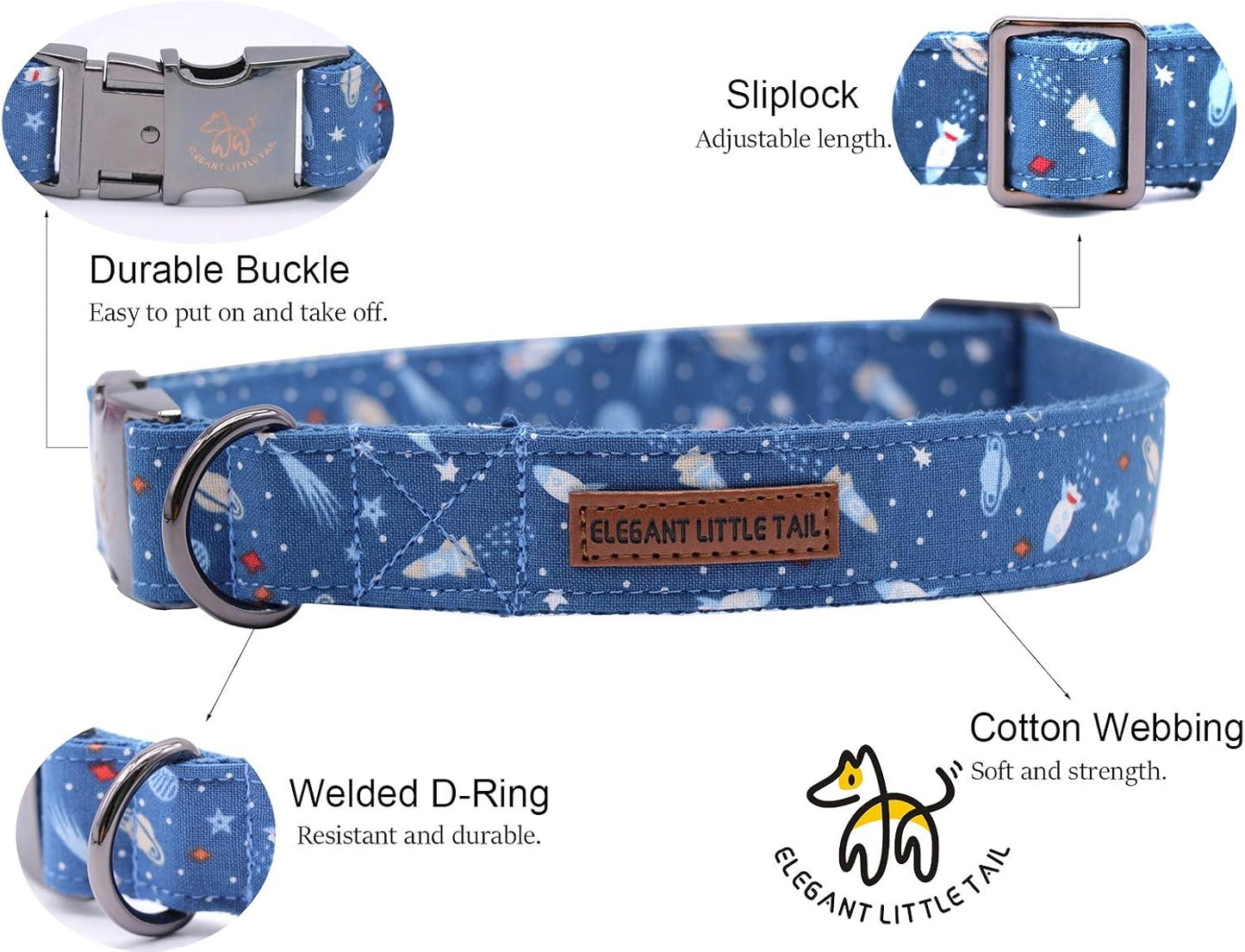 Elegant little tail Dog Collar, Blue Universe Pattern Pet Collar Durable Cute Dog Collars Male Pet Gift Adjustable Dog Collar for Large Dogs