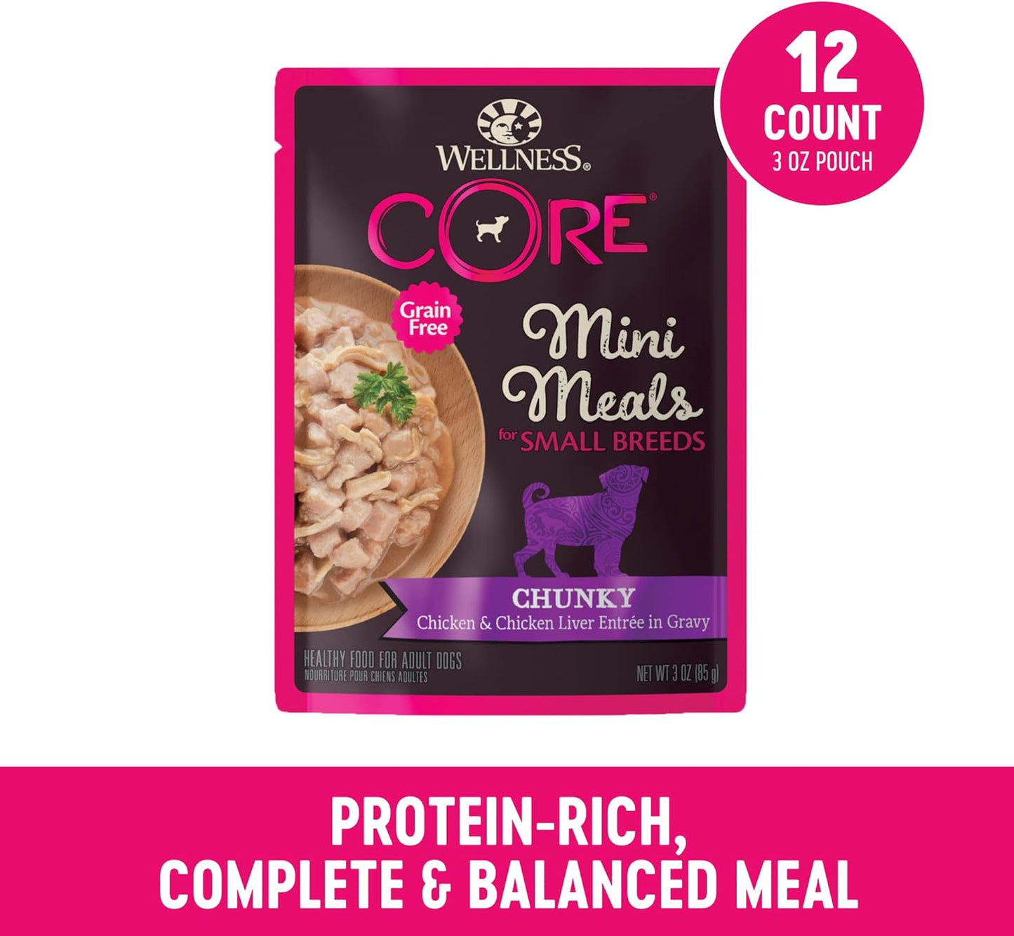 Wellness CORE Natural Grain Free Small Breed Mini Meals Wet Dog Food, Chunky Chicken & Chicken Liver Entrée in Gravy, 3-Ounce Pouch (Pack of 12)