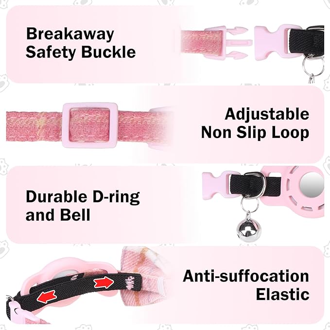 Airtag Cat Collar with Bells and Bowtie -Safety Elastic Band Kitten Collar for Apple Air Tag Holder- Cute GPS Cat Tracker Collars for Girl Boy Cats and Puppies, Adjustable 8"-12" Pink
