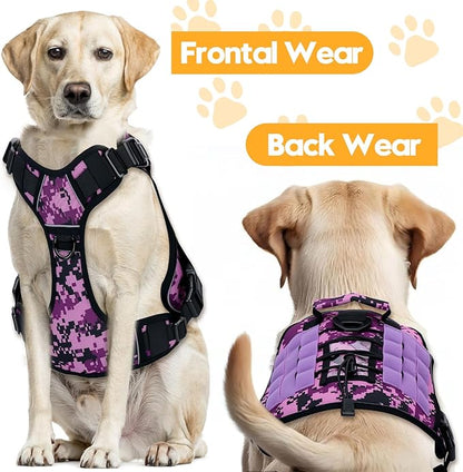 Heavy-Duty Tactical Dog Harness for Large Dogs, No Pull Adjustable Reflective Pet Vest with Molle System, K9 Military-Grade Control for Service Training, Outdoor & 10+ Breeds, Purple Camo, X-Large