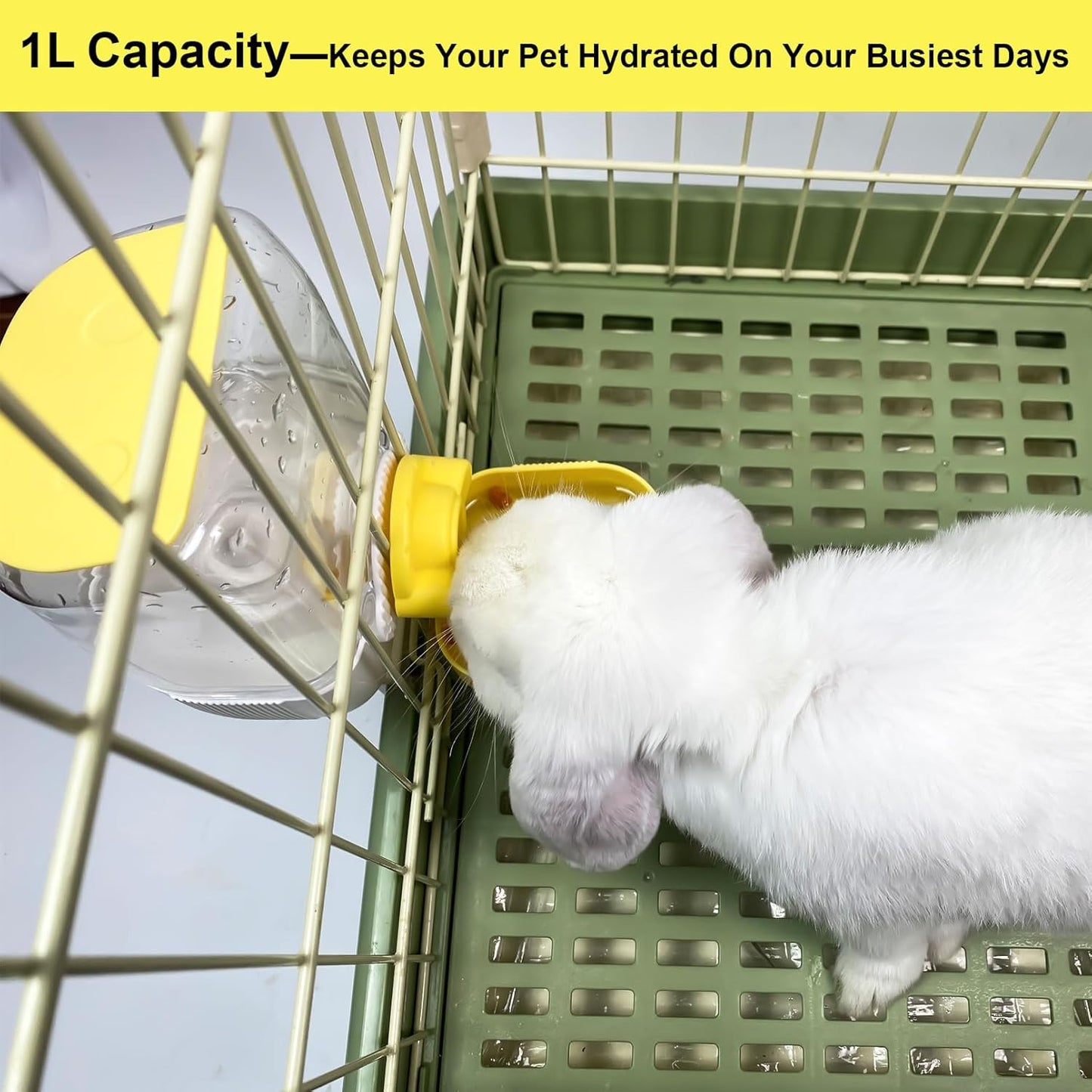 35oz Rabbit Water Bottle, Pet Hanging Automatic Water Dispenser for Small Animal Ferret Guinea Pig Chinchilla Dog Cat (Cage Grid Spacing 1.1''-2.1'') (Yellow)